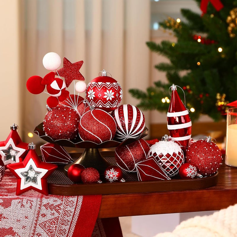 SHareconn 112ct Christmas Tree Balls Ornaments, Classic Pearl Gift Box, Shatterproof Plastic Decorative Baubles for Xmas Tree Decor Holiday Wedding Party Decoration with Hanging Hooks, Red & White - Image 3